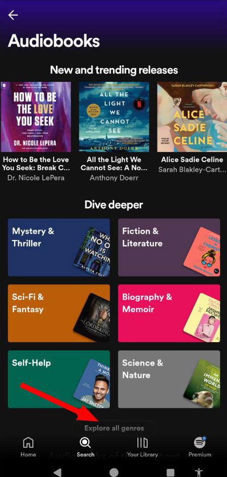 A red arrow indicates how you can see all genres of Spotify audiobooks
