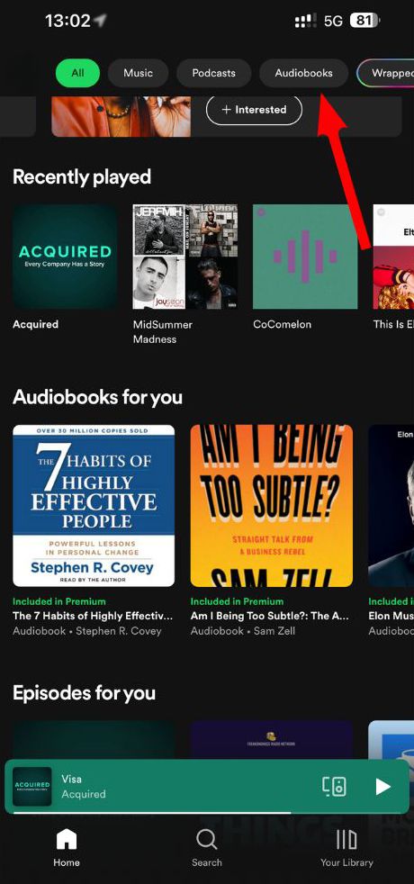 A red arrow points to the Audiobooks menu in the Spotify app