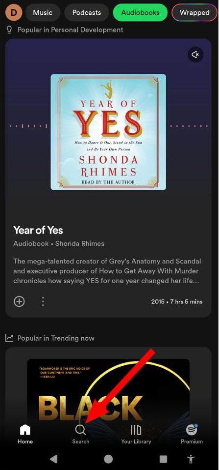 A red arrow points to the search option in the Spotify app