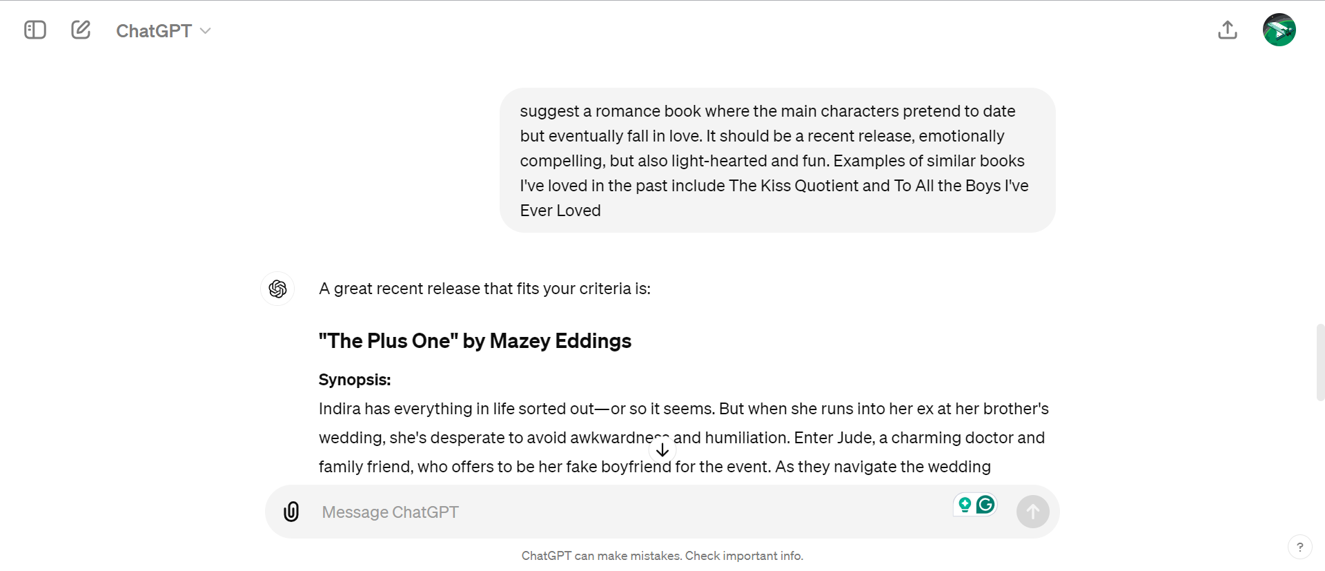 A ChatGPT prompt requesting a book recommendation and its accompanying response