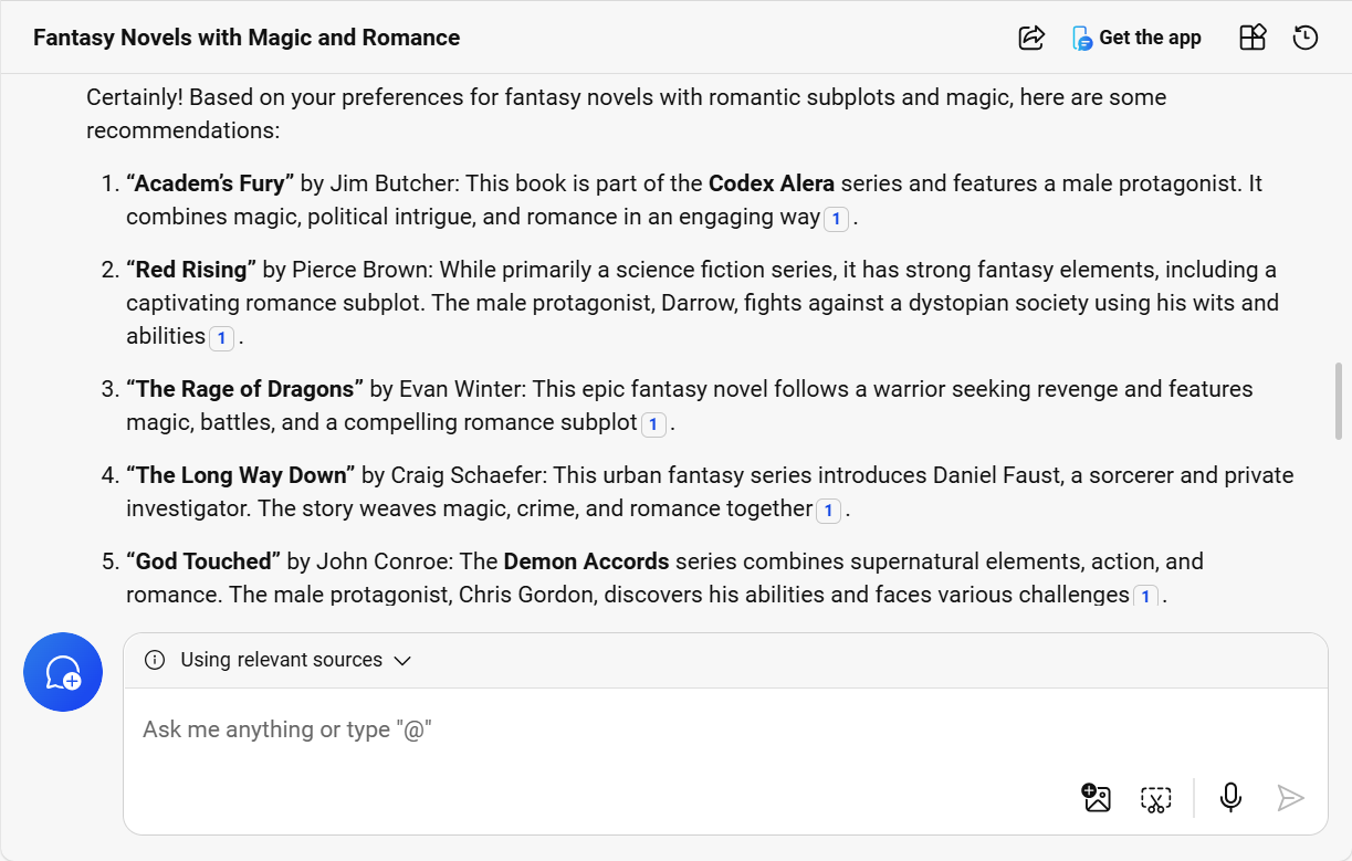 Copilot's response to a prompt asking for fantasy book recommendations