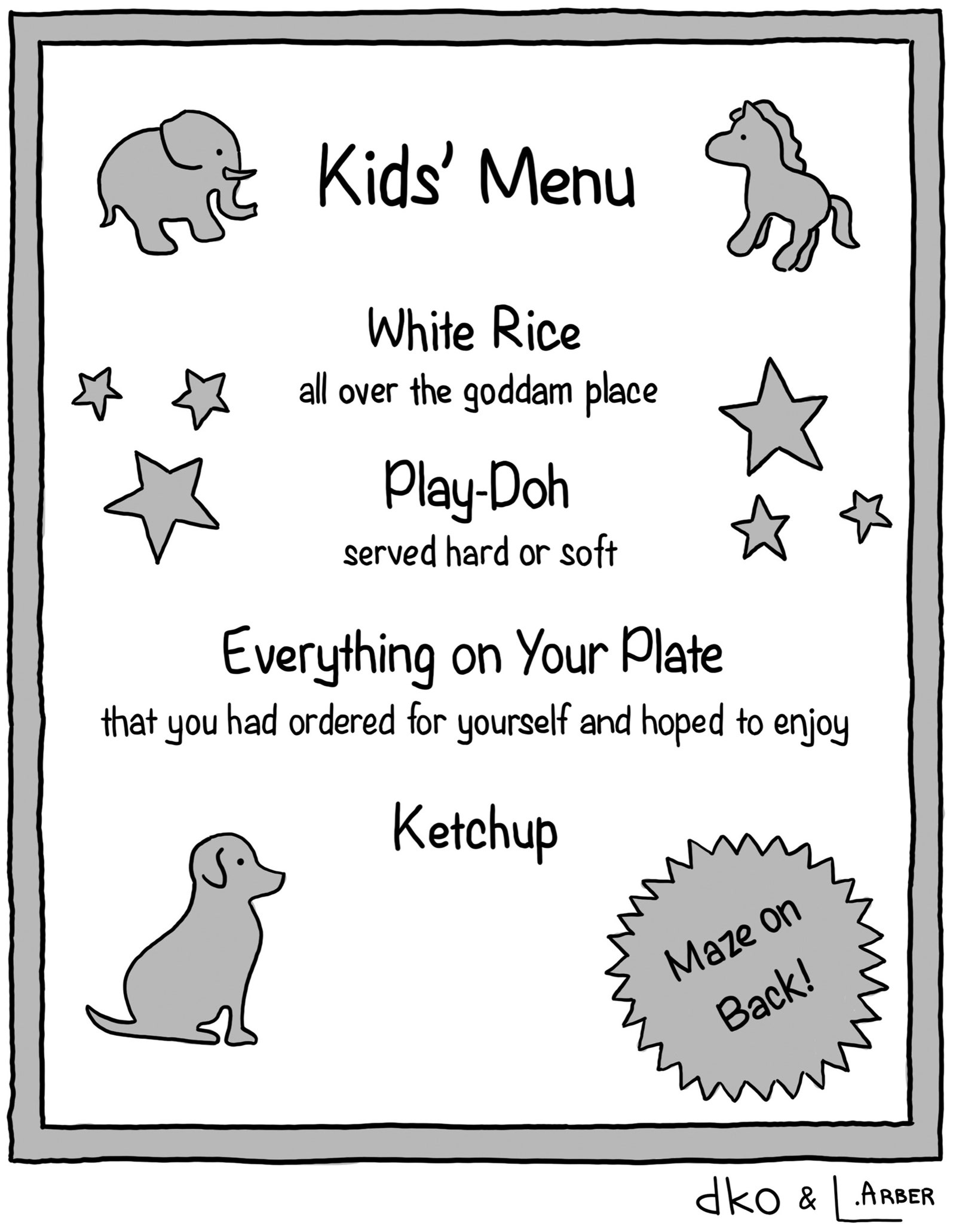 A restaurants kids menu with White Rice Play Doh Everything on Your Plate and Ketchup.