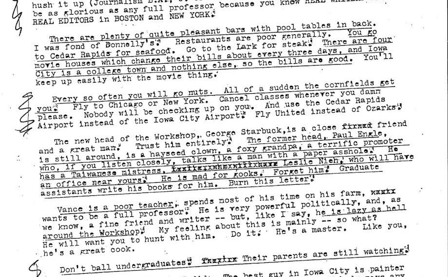 the author’s advice for a friend about to teach at the Iowa Writers’ Workshop