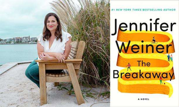 Left, photo of Jennifer Weiner sitting on a bench at the beach; right, the cover of "The Breakaway."