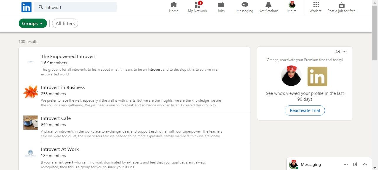 LinkedIn Introvert groups section