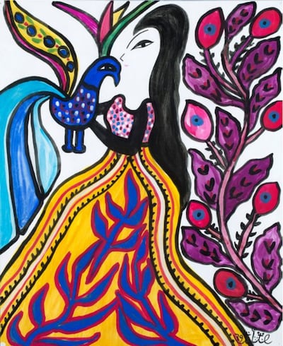 Many of Baya Mahieddine's artworks, like Femmes a l'oiseau from 1979, feature small birds. Photo: Elmarsa Gallery