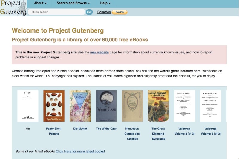 Project Gutenberg website homepage