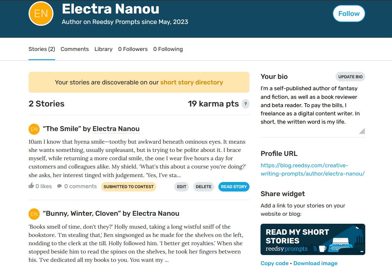 Author Profile on Reedsy Prompts