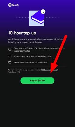 The red arrow points to the option to purchase a Spotify audiobook top-up