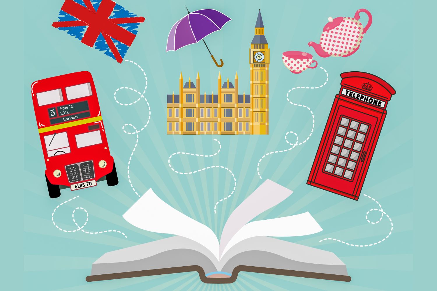 Concept graphic showing London icons coming out of the turning pages of a book, including bus and houses of Parliament - my top kids books about London