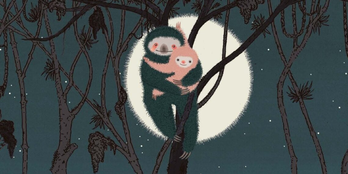 A baby sloth falls out of a tree in the picture book ‘Mama in the Moon’ : NPR