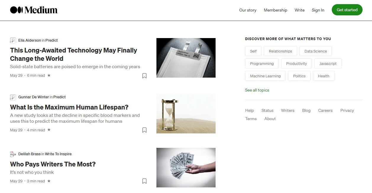 Medium website homepage
