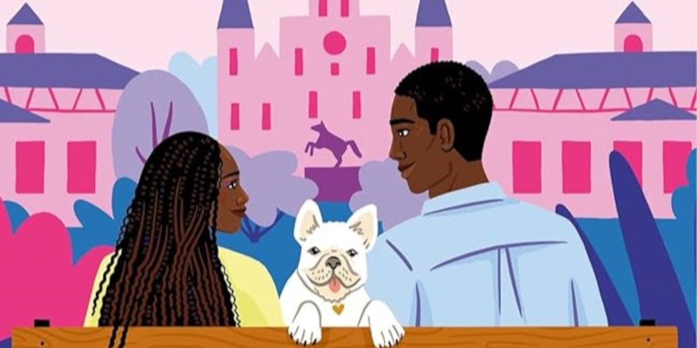 Pardon My Frenchie Cover featuring a woman and man sitting on a bench with a dog