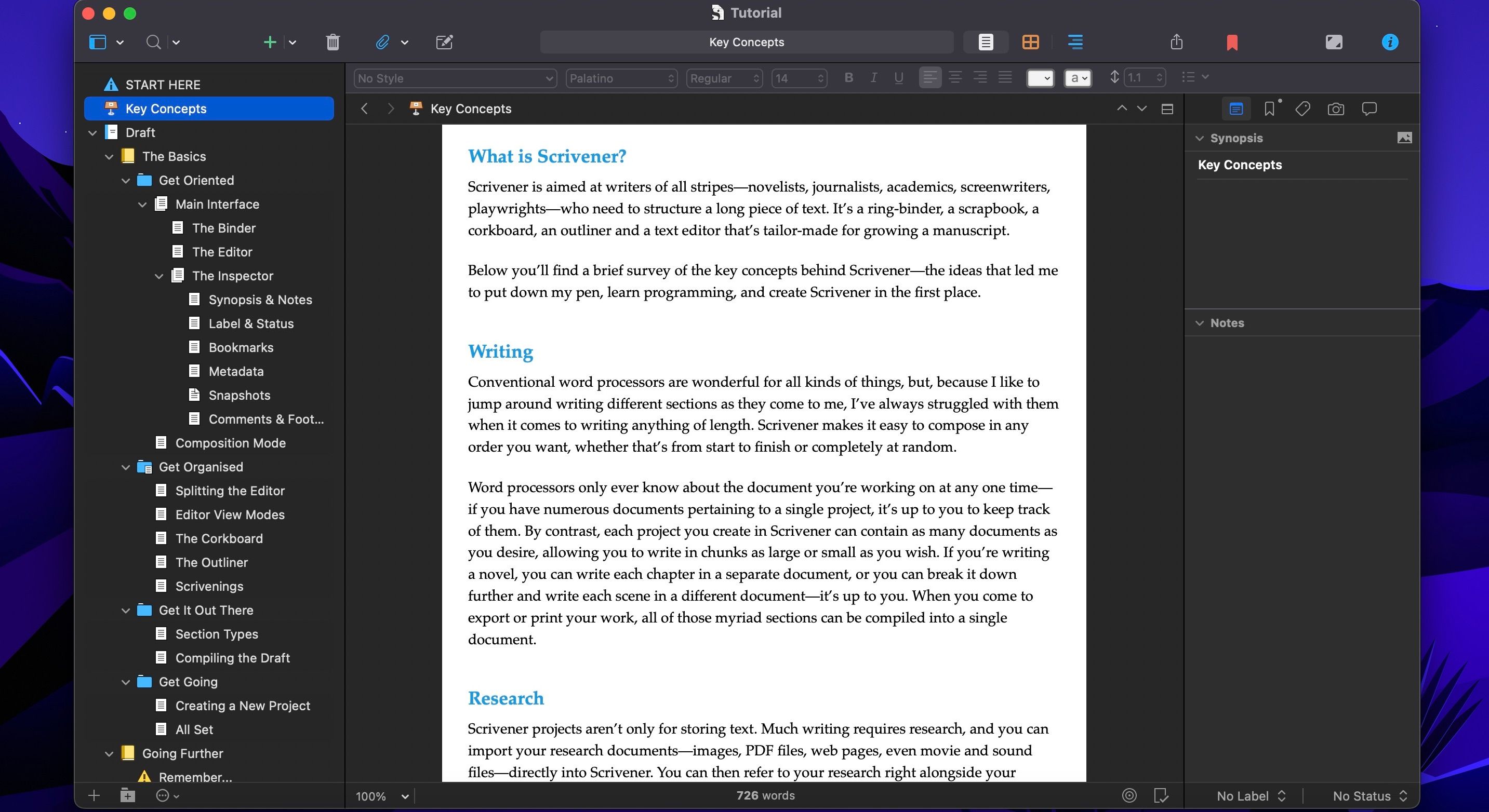 Screenshot of Scrivener in Use