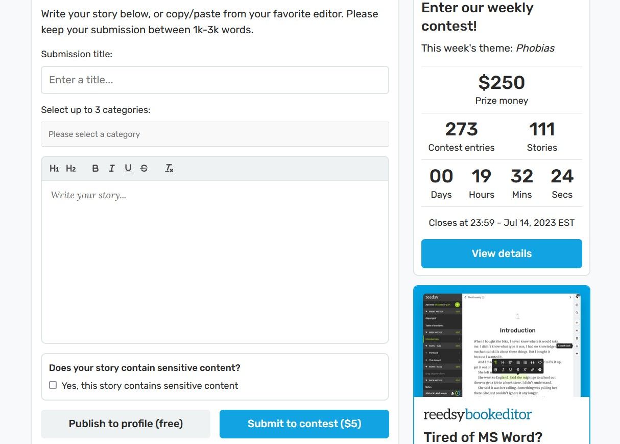 Short Story Submission Form for Reedsy Prompts