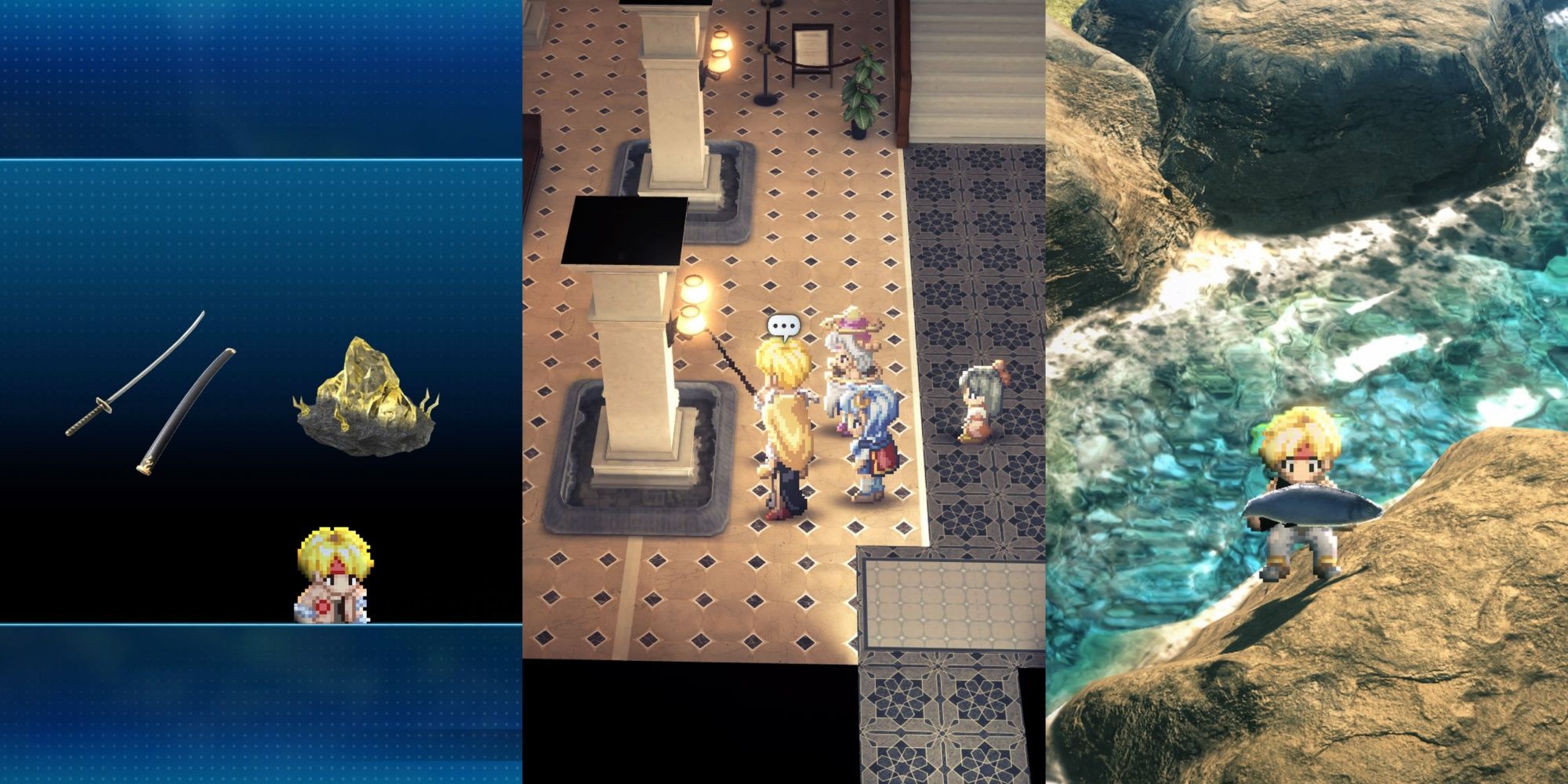 Split image of Claude customising a sword, fishing indoors, and catching a huge fish