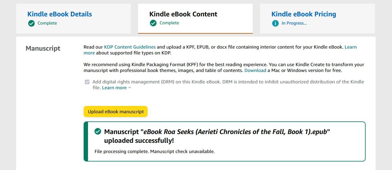 Successful Upload of Manuscript to KDP