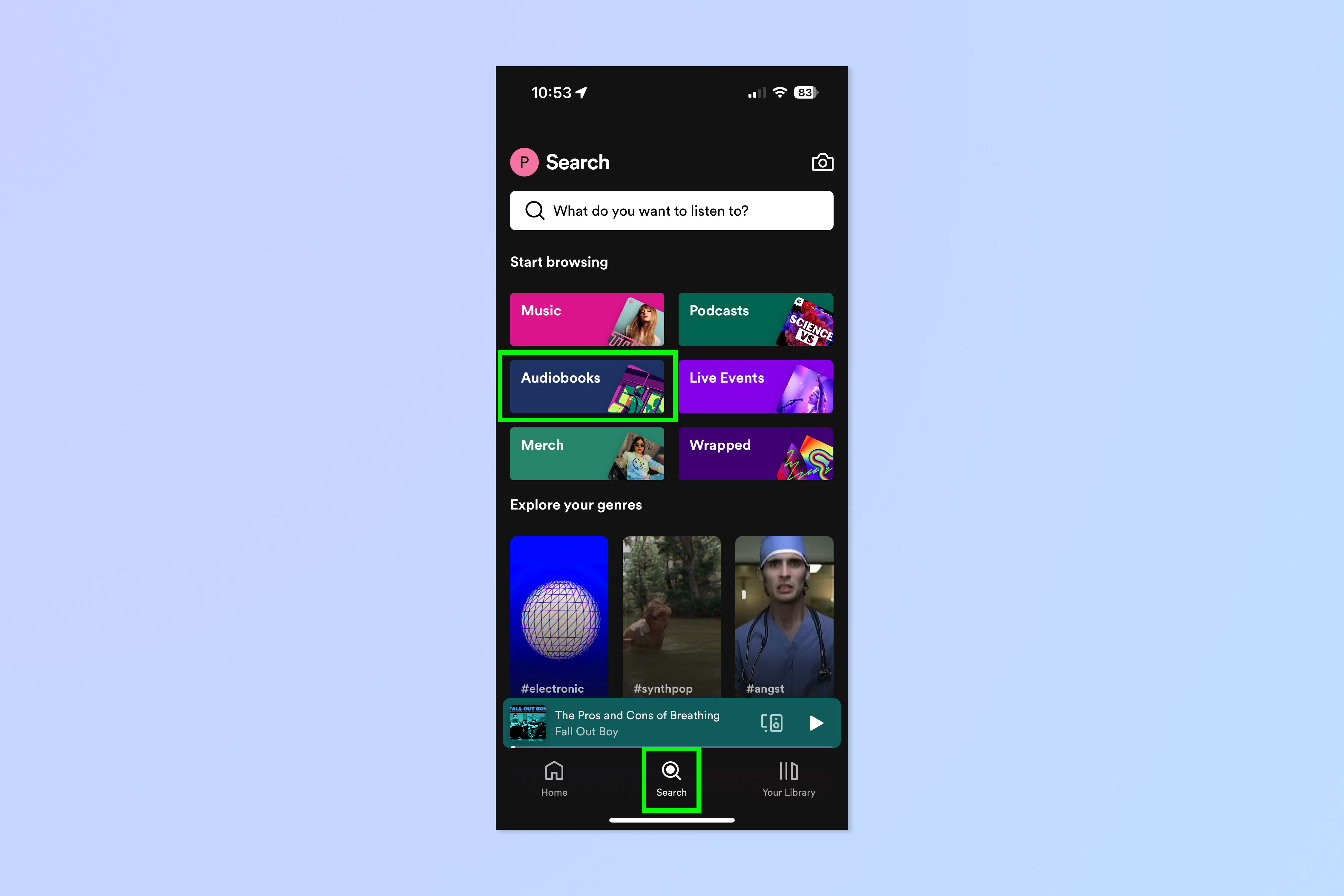 A screenshot showing how to listen to audiobooks on Spotify