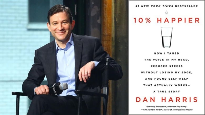 The white book cover features a glass half-full of water. Above the glass in red font is the title: 10% Happier. Below the glass it reads, How I Tamed the Voice in My Head, Reduced Stress Without Losing My Edge, and Found Self-Help that Actually Works _ A True Story.