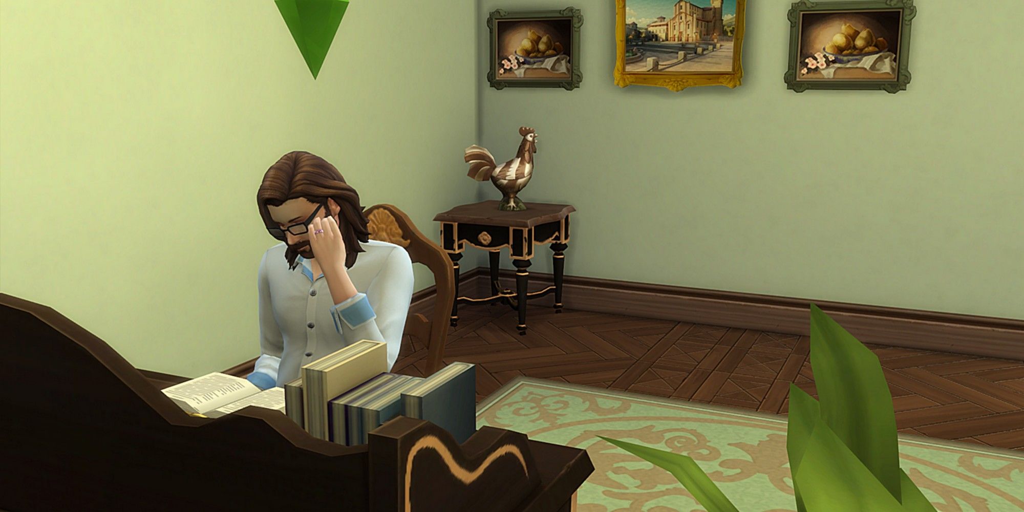 Male Sim reading at desk in The Sims 4