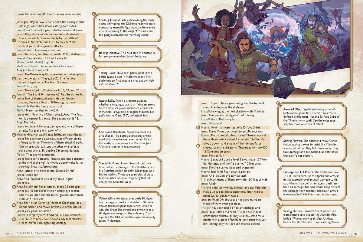 A spread from the 2024 edition of the Dungeons &amp; Dragons Player’s Handbook, with an example of combat in the left column and a commentary on applicable rules in the right. 
