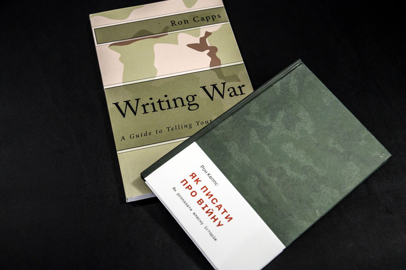 Copies of Ron Capps book, "Writing War, published in both English and Ukrainian are available for the veterans writing workshop at The Peace Gallery in Damariscotta on Oct. 18. The book is the basis for the curriculum presented during workshops sponsored by the Veterans Writing Project. (Bisi Cameron Yee, LCN)