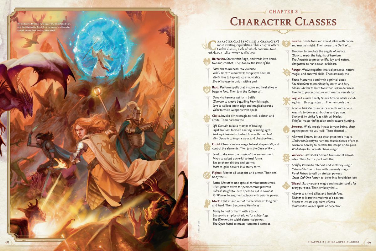 A spread from the Dungeons &amp; Dragons Player’s Handbook (2024) that lists the character classes and their sub-classes.