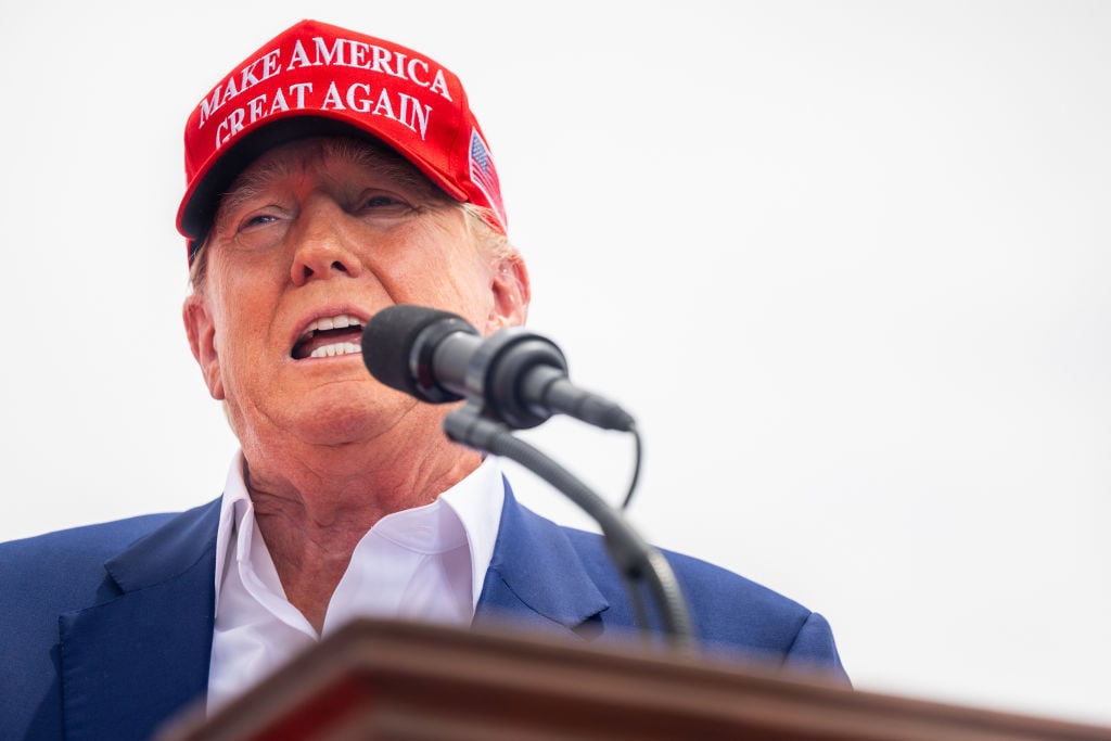LAS VEGAS, NEVADA - JUNE 09: Republican presidential candidate, former U.S. President Donald Trump speaks during his campaign rally at Sunset Park on June 09, 2024 in Las Vegas, Nevada. The former president continues campaigning around the country amidst ongoing legal troubles. Trump is scheduled to sit for a probation interview via video on June 10 related to the felony conviction in his New York hush money case. (Photo by Brandon Bell/Getty Images)