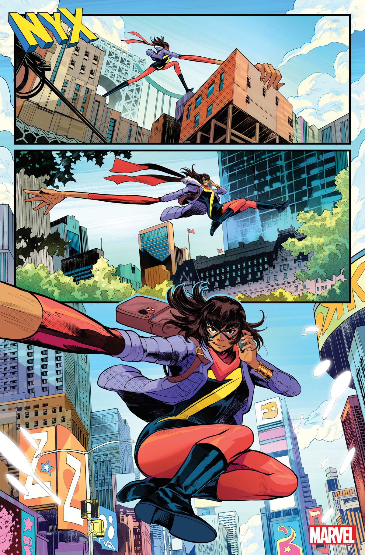 Ms. Marvel zips through Manhattan streets with her stretchy limbs, wearing a jacket and backpack over her superhero uniform, as she talks on a cellphone in NYX #1.