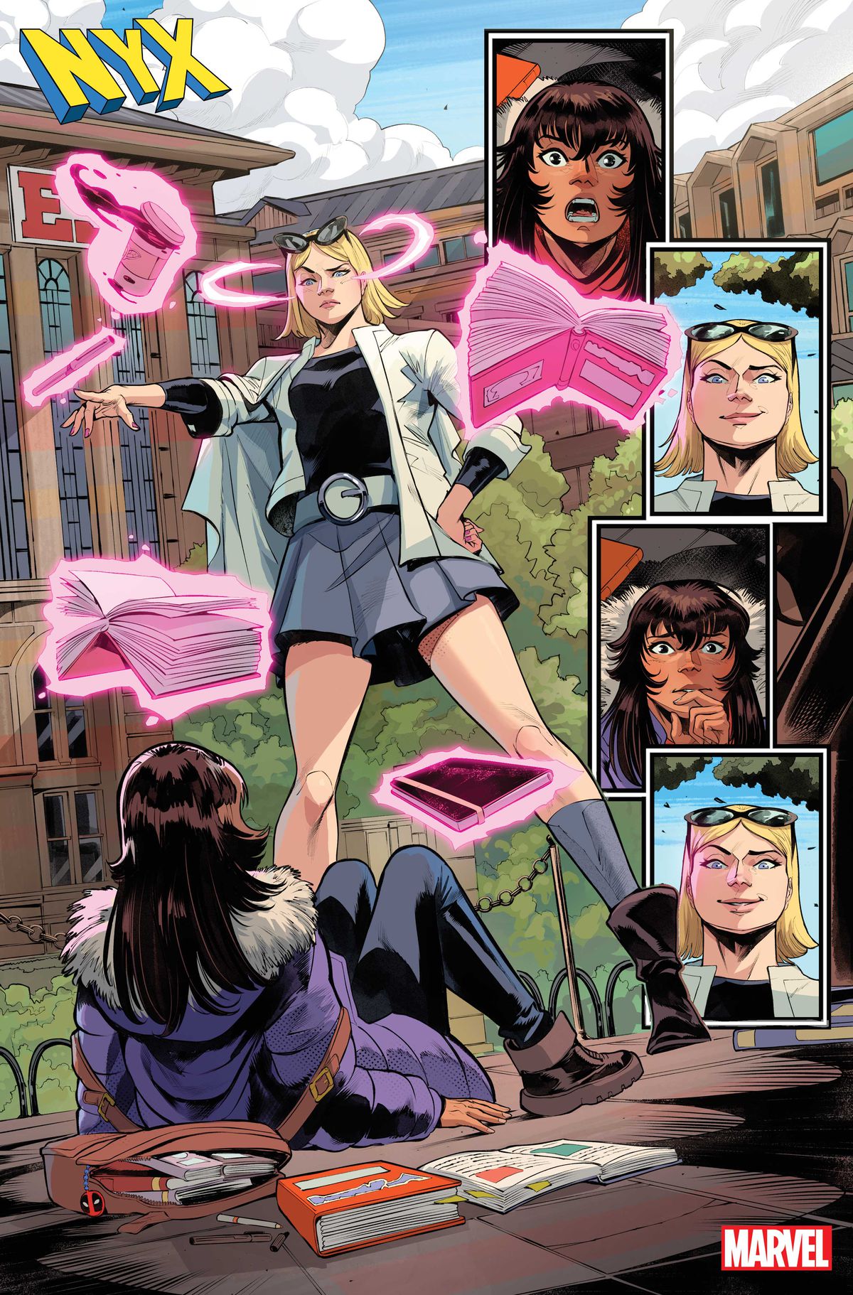Kamala Khan looks up surprised and entranced by Sophie Cuckoo, who is levitating books, and other classroom necessities using her telekenesis in NYX #1.