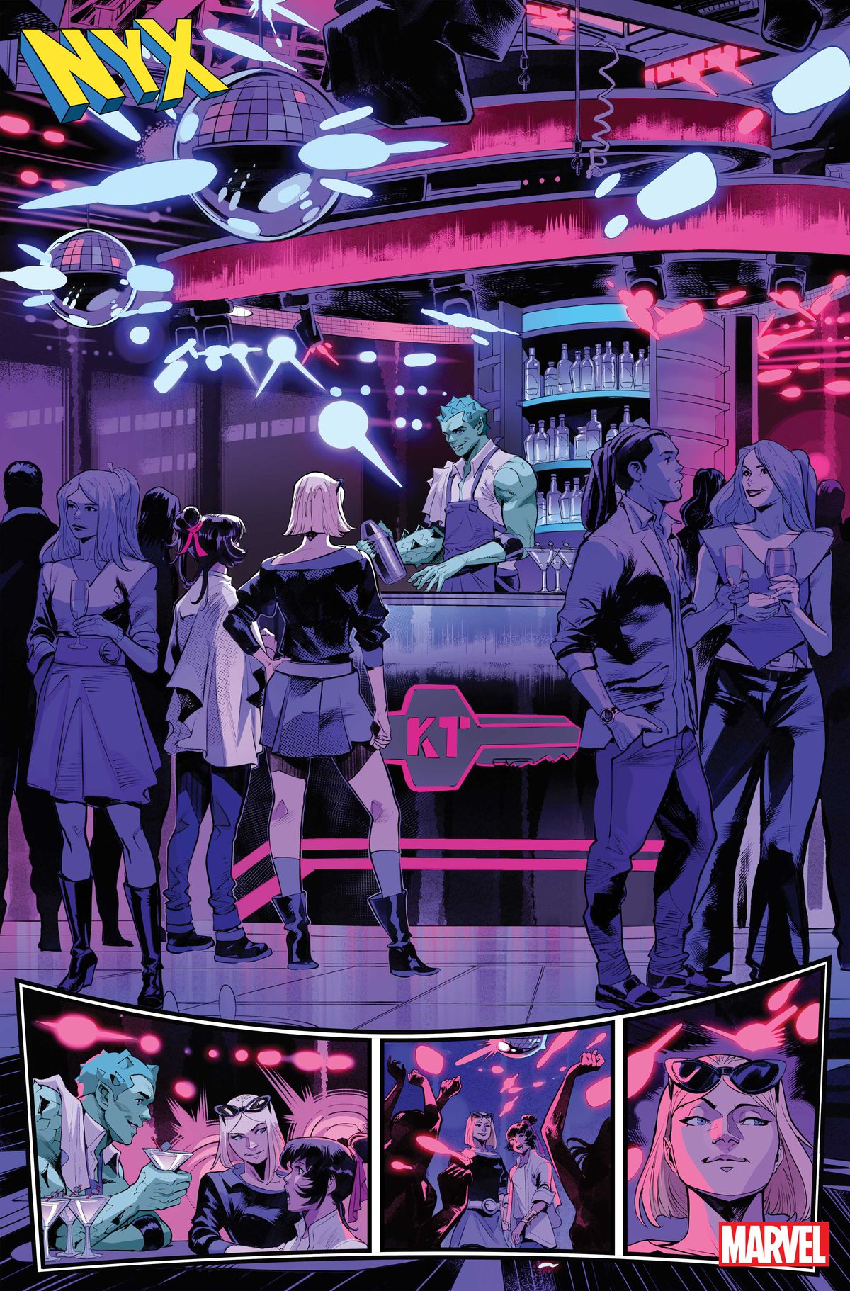 Kamala Khan and Sophie Cuckoo chat with Anole, who is bartending at a club with the initials KT in NYX #1.
