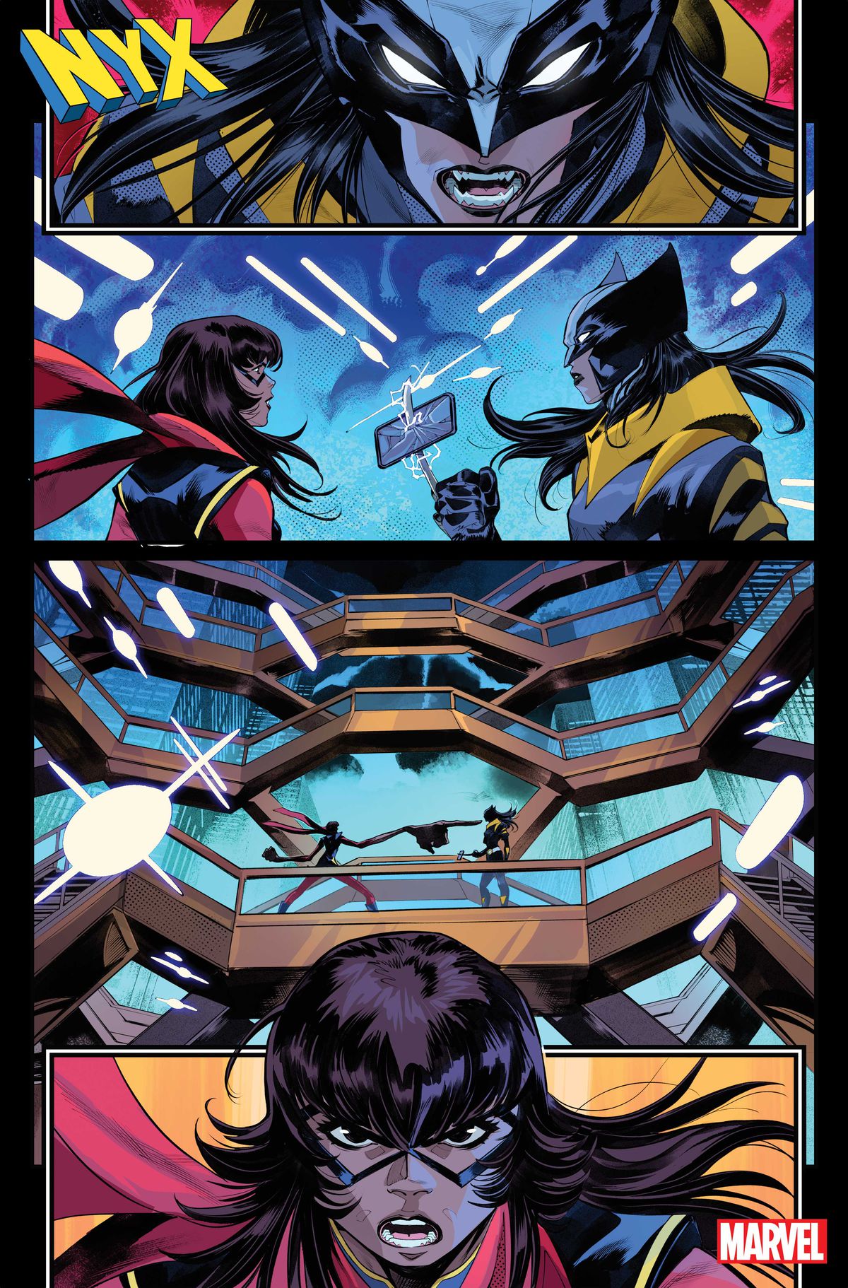 Ms. Marvel and Wolverine (Laura Kinney) argue atop the Vessel in Hudson Yards, as Wolverine spears a cellphone through with one of her claws in NYX #1.