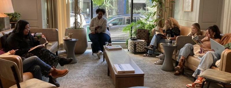 For people who want to read quietly, Prose Before Bros offers a monthly "reading hour" at a Portland business; in May, it was the Woodlark Hotel. “It's a good touchpoint for folks who are a little bit introverted,” Nanea Woods says. “They want to do, you know, an alone activity but also be around other people who might be doing the same thing. So it's like reading in community.” Photo by: Amy Wang