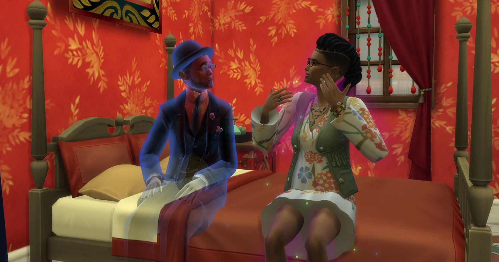 A Sim sat on her bed chatting to a ghost.