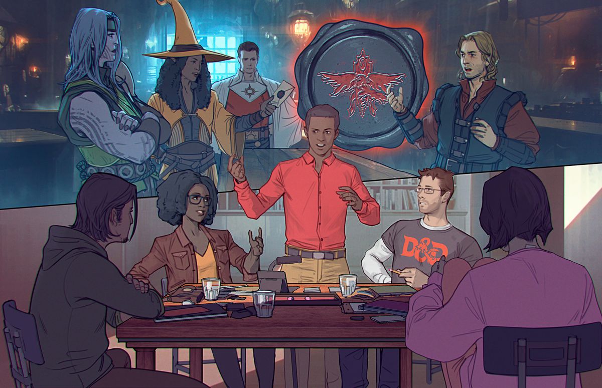 Five role-players sit around a tabletop as their party of adventurers are imagined in the space above them in an illustration from the 2024 edition of the Dungeons &amp; Dragons Player’s Handbook.