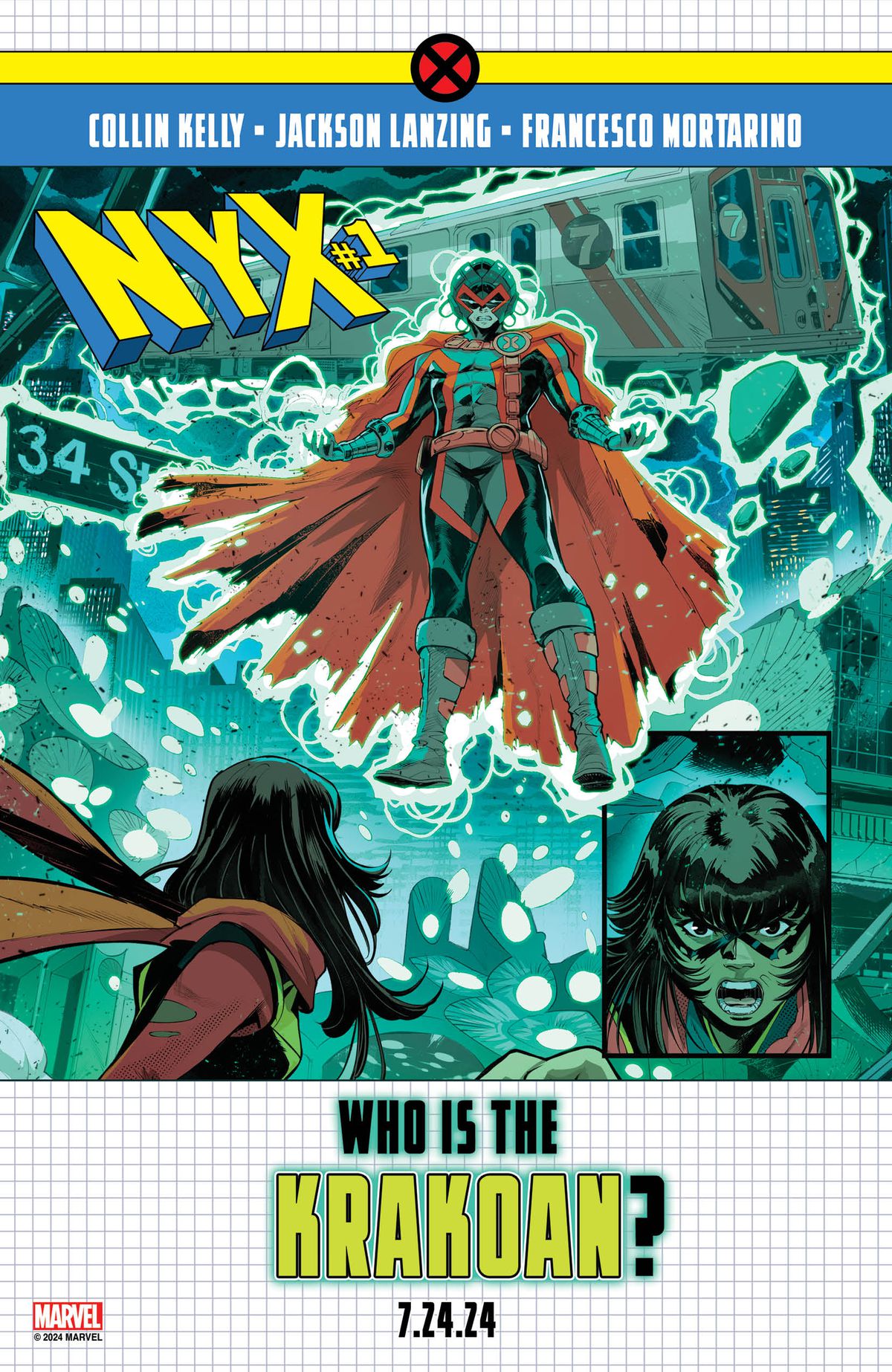 Who is the Krakoan? asks Marvel promotional art for NYX, featuring Ms. Marvel confronting a levitating figure dressed a bit like Magneto and a bit like Professor X, who appears to be suspending an entire subway car with his powers.