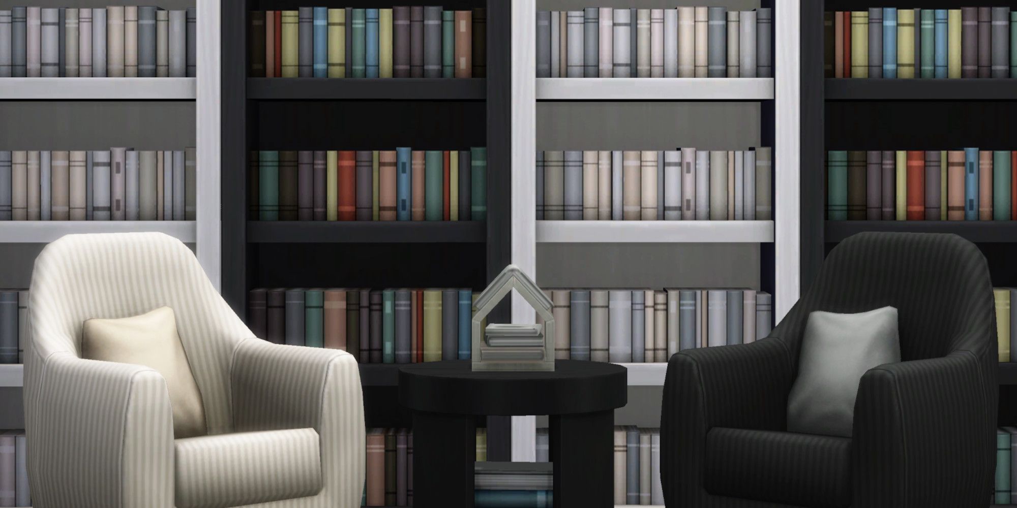 A room in The Sims 4 with floor to ceiling bookshelves and two chairs in a black and white theme