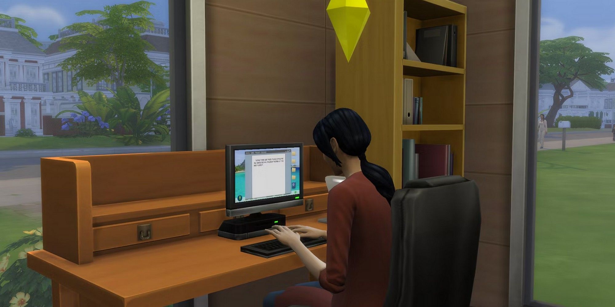a sim seated at a computer by a window overlooking a neighborhood, writing as one of the best careers sims 4