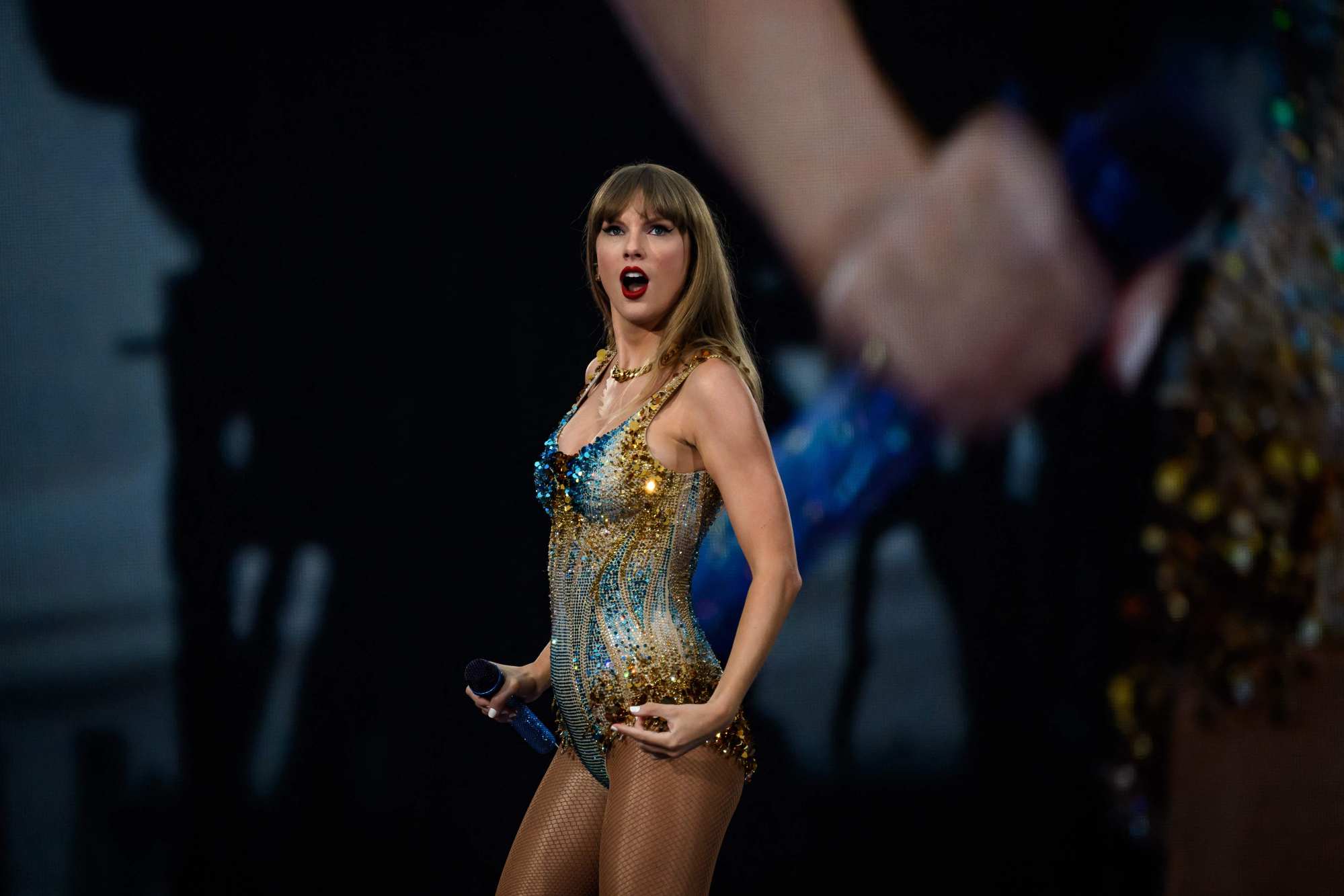 Taylor Swift performs on stage in France, in June, as part of her Eras Tour. Photo: AFP