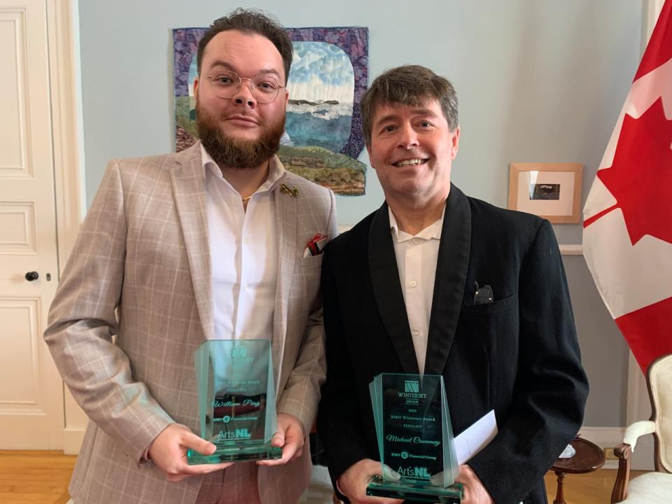 William Ping, left, and Michael Crummey, 2023 BMO Winterset Award shortlisted finalists. They each won $3,000 for being finalists.