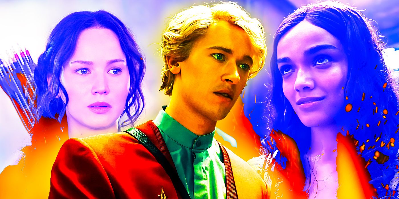 A custom image of Katniss Everdeen in The Hunger Games, and Coriolanus Snow and Lucy Gray Baird in Ballad of Songbirds & Snakes.
