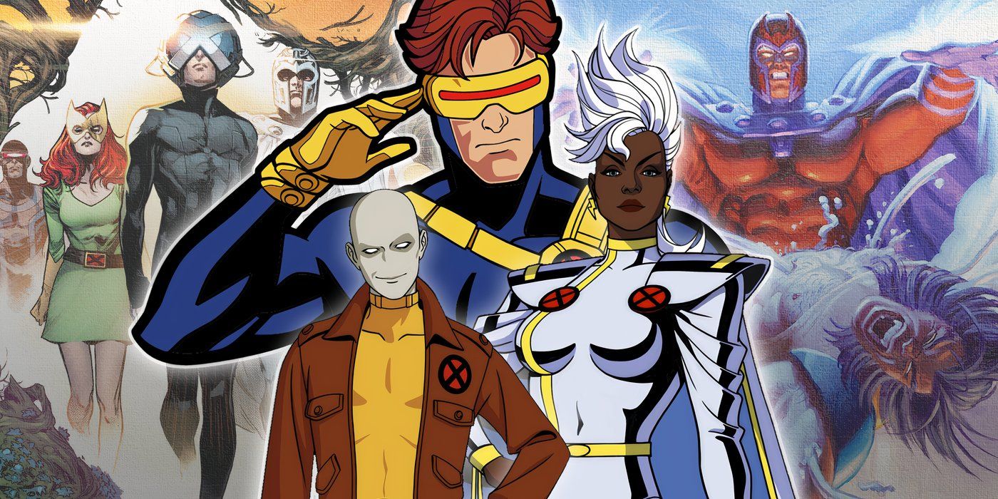 Cyclops, Storm and Morph from X-Men '97 with comic covers for House of X and Fatal Attractions in the background