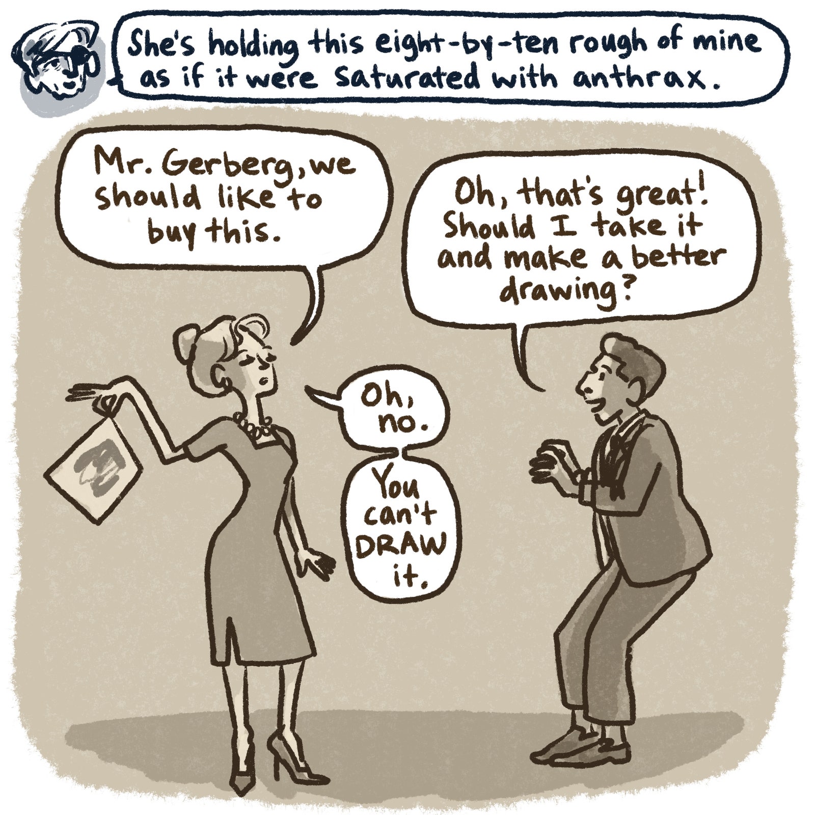 Cartoon Editor's assistant holding out one of young Mort's submissions.