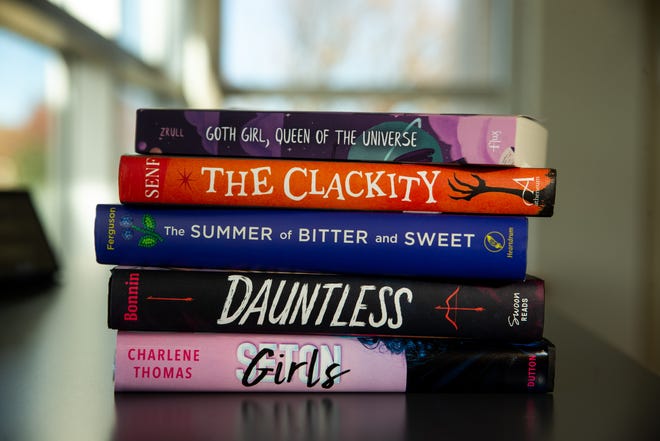 A stack of books from authors participating in a panel for National Novel Writing Month at Herrick District Library.
