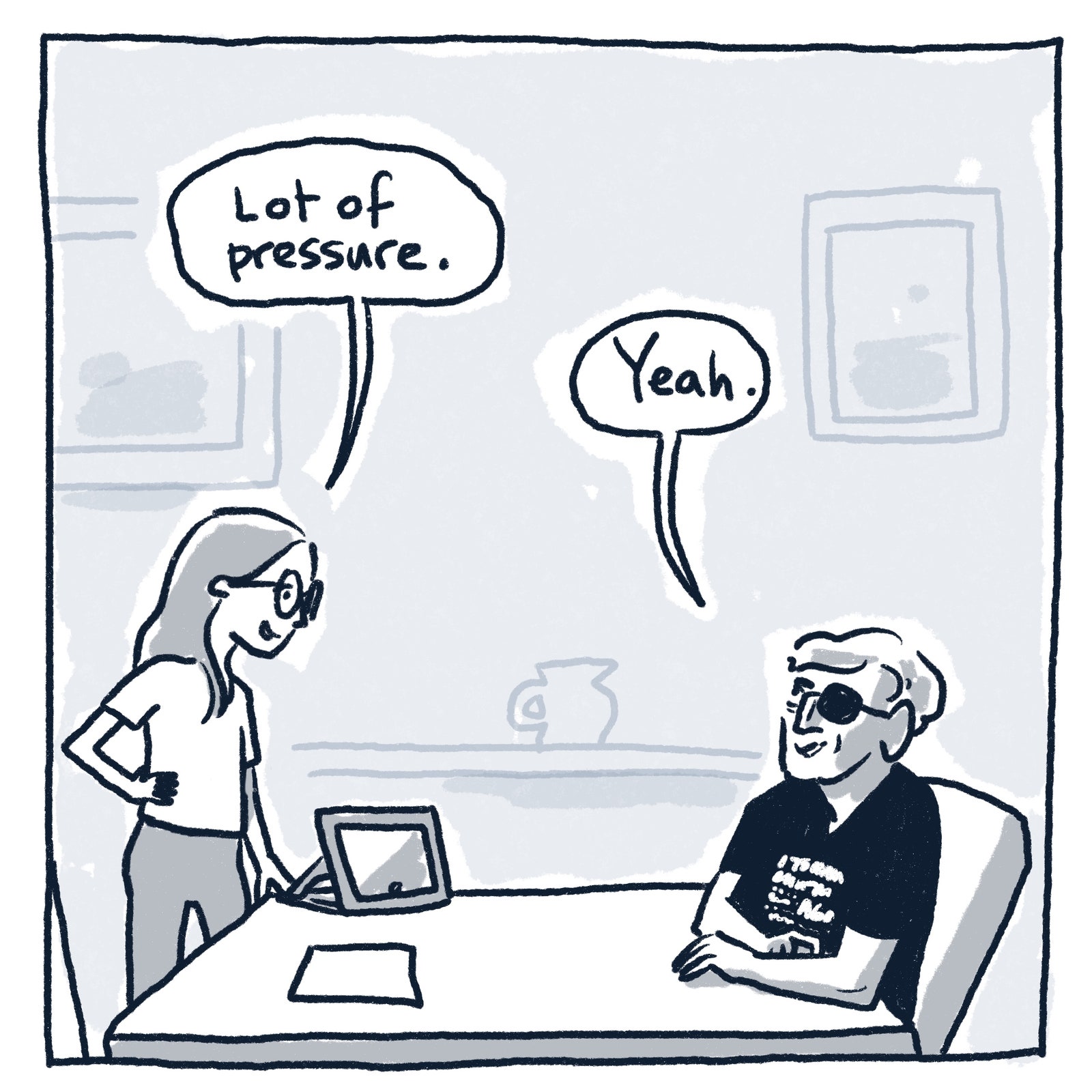 Mort and Sofia talking at a table.