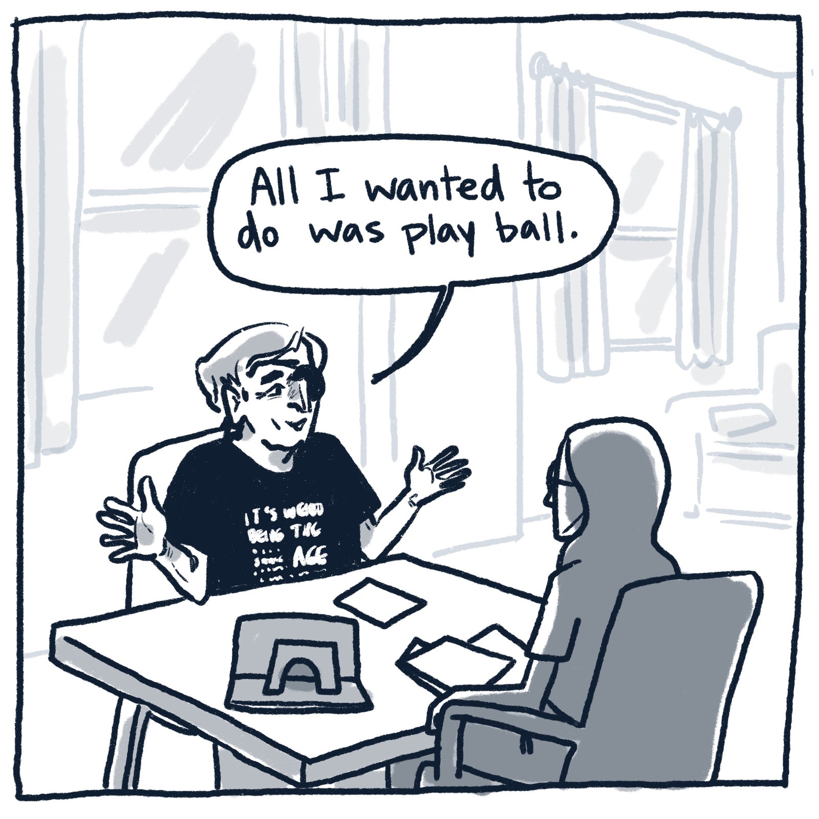 Mort and Sofia talking at a table.