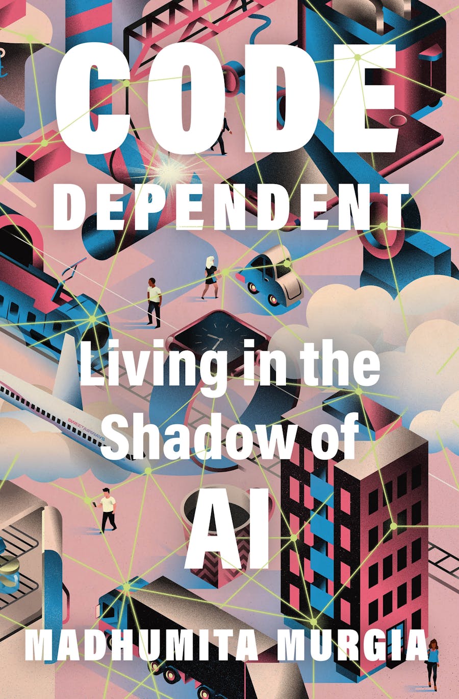 A book cover featuring an overhead urban scene, cartoon style, with people and buildings