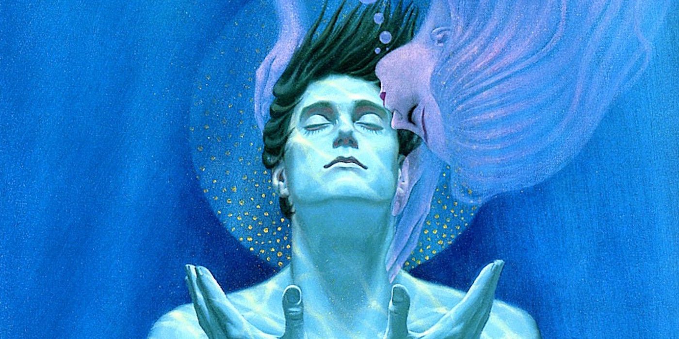 Cover of Stranger in a Strange Land that shows a man with his eyes closed underwater being kissed by an angelic woman.