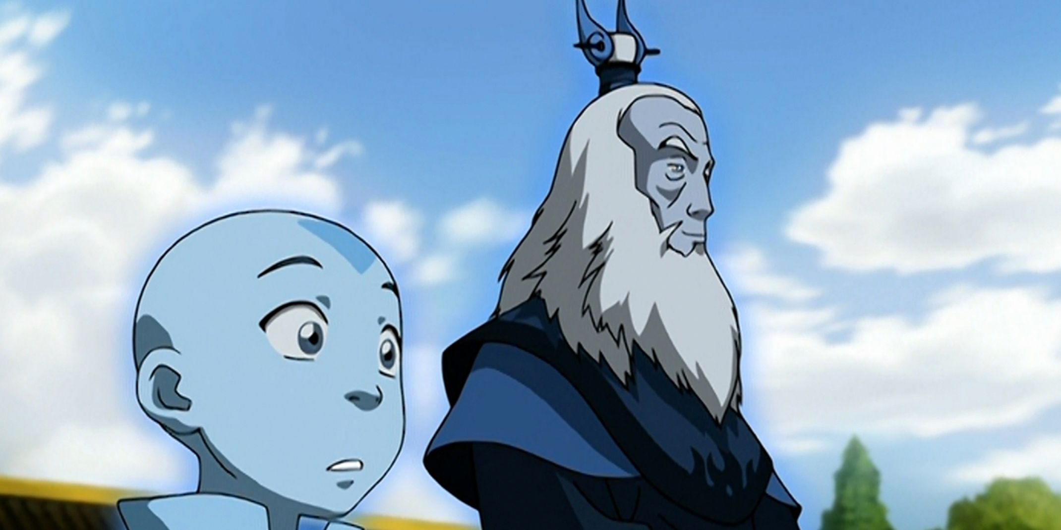 Aang and Roku in their spirit forms in the animated Avatar The Last Airbender episode The Avatar and the Firelord