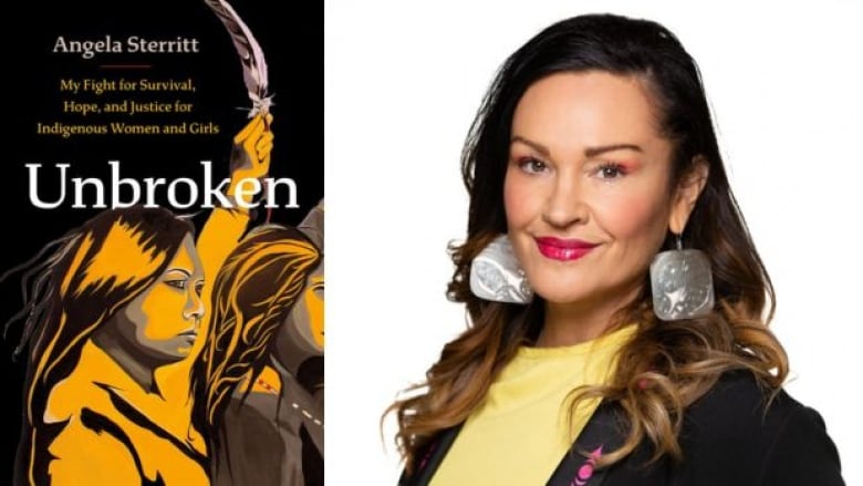 On the left is a black and orange book cover with a drawing of a woman who is holding up a feather. There is another woman standing beside her. There is white and orange white text overlay that is the book title and the author's name. On the right is a headshot photo of a woman who is smiling at the camera and wearing a black blazer with a yellow-coloured shirt.